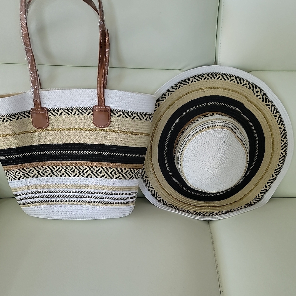 Straw Beach Tote and Wide-Brim Hat Set - White & Black